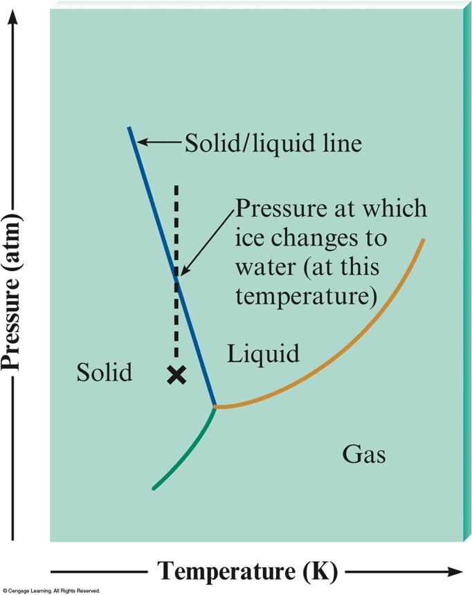 A pressure versus temperature graph. There are line seperating the three phases of matter. All three lines come together at the triple point. The liquid-gas line ends at the critical point. The line separating solid and liquid has a negative slope (backwards from the triple point). This means that adding pressure to solid ice cause it to cross the phase boundary and convert into liquid. This is what allows for ice-skating.