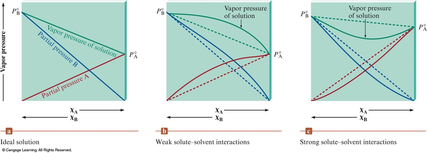 When the solution contains a volatile liquid, the vapor pressure curves stop being linear and start curving away from the ideal straight line.