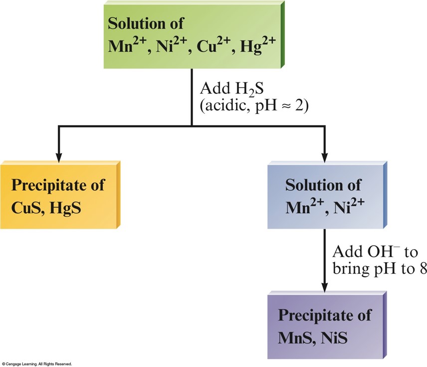 Addition of hydrogen sulfide to a solution of these ions precipitates copper(II) sulfide and mercury(II) sulfide while leaving the rest in solution. The remaining ions can be precipitated by adding base to get the pH to 8.