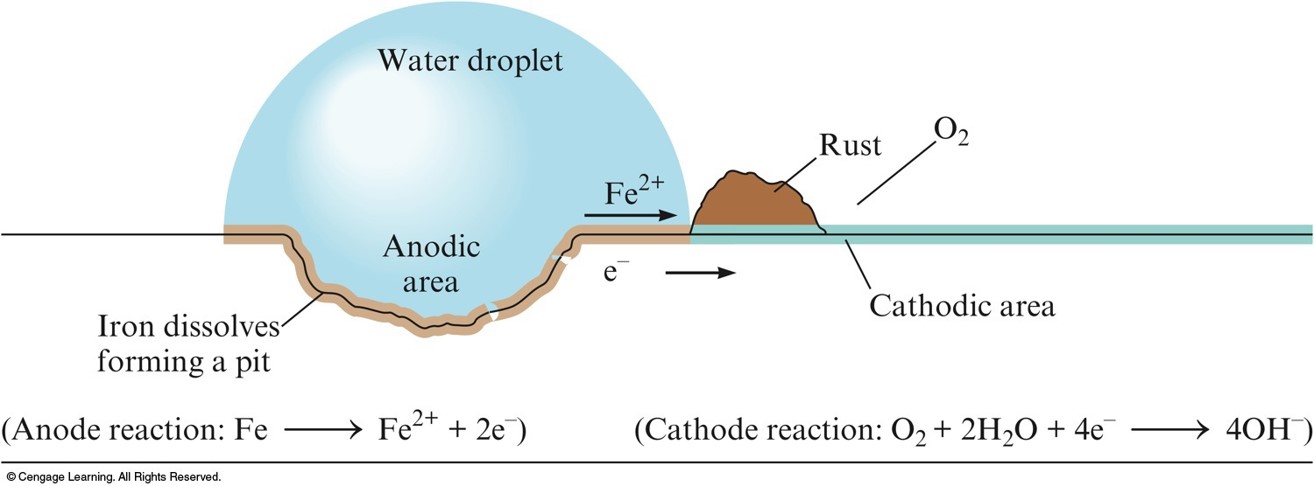 The corrosion of iron in a water droplet. The iron in contact with the water is acting as the anode while the iron around the water droplet is acting as the cathode.