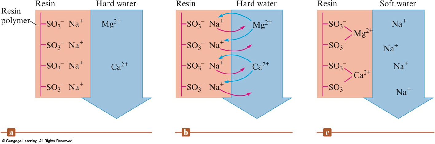 Hard water contains magnesium ions and calcium ions. The resin contains simply sodium ions. When the hard water is introduced to the resin, the magnesium ions and calcium ions replace the sodium ions in the resin, thereby getting stuck in the resin. The sodium ions are left in the water, which is now soft water.