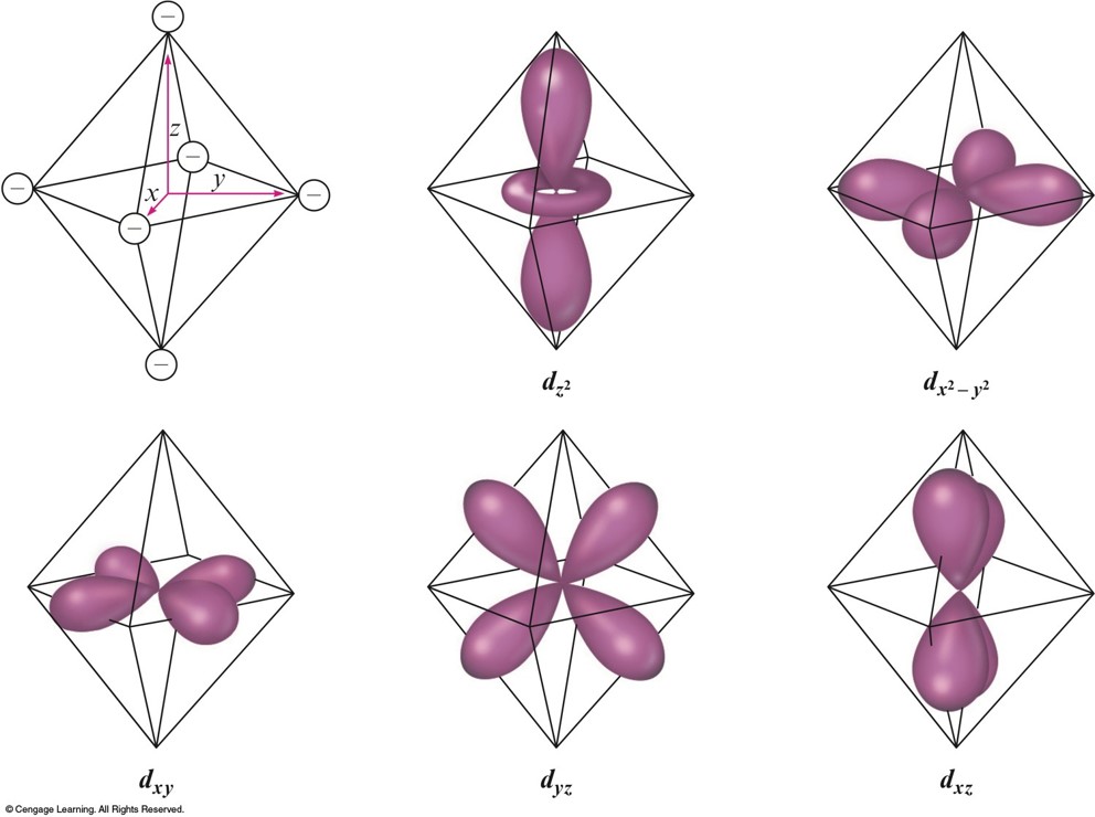 Diagrams of the five \(d\) orbitals. Each of the orbitals lines in a different plane spacially.