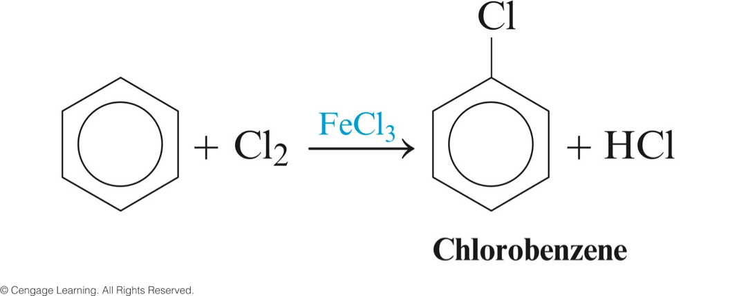 Benzene reacts with molecular chlorine in the presence of iron(III) chloride catalyst to form a benzene ring with a chlorine attached to one of the carbon atoms (chlorobenene) and hydrochloric acid.