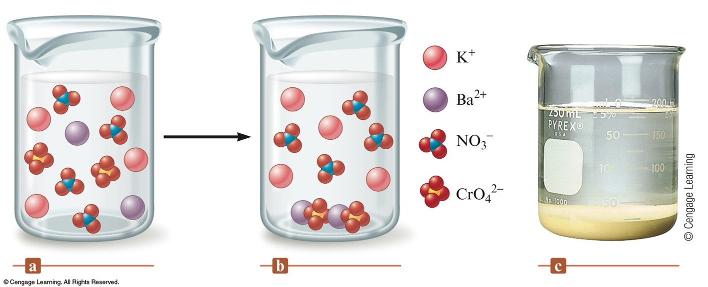 A graphical representation of the reaction between potassium chromate and barium nitrate to form the solid barium chromate solid.