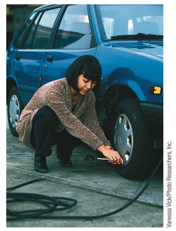 A photograph of a woman usinga manometer to measure the air pressure inside her car's tire.