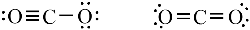 Two carbon dioxide molecules. The first has an oxygen atom with a lone pair triply bonded to a carbon atom which is then singly bonded to another oxygen atom with three lone pairs. The second stucture has a carbon atom doubly bonded to two oxygen atoms each with two lone electron pairs.