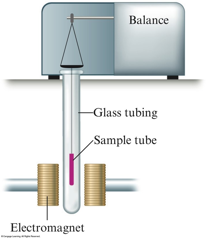 The pan of a balance is connected to a hanging sample tube which is houses in glass tubing. The sample tube is suspended between the poles of an electromagnet.
