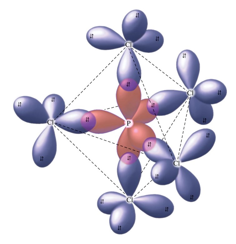 A graphical representation phosphorus pentachloride with the central phosphorus atom forming a sigma bond with each chlorine atom.