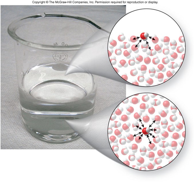 An image showing the hydrogen bonding of a water molecule in the center of a liquid versus a water molecule at the surface of the liquid (at the surface it has half as many hydrogen bonds.