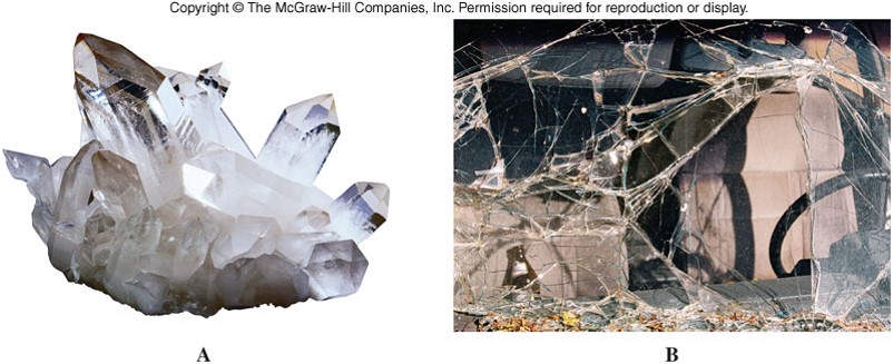 A picture of quartz crystal showing the appearance of a crystalling solid and another photograph of broken window glass showing the random nature of the fractures indicating the amorphous nature of window glass.
