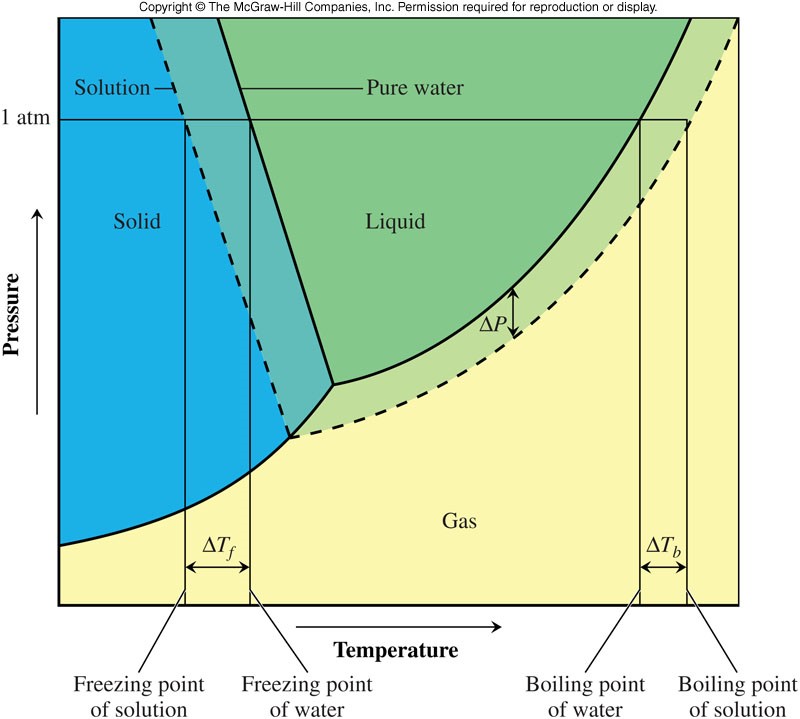 A plot of pressure versus temperature for water showing the regions where solid, liquid, and gases exist. When a solute is added, the triple point is reduced thereby shifting the melting line to lower temperatures and shifting the boiling line to higher temperatures.