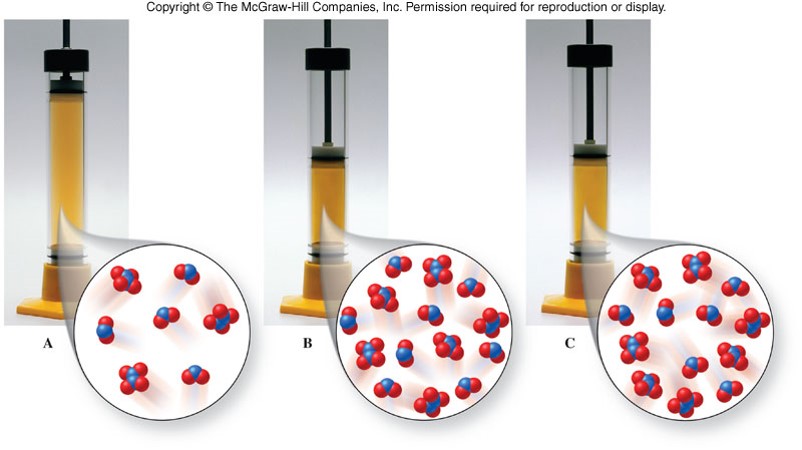 Photographs showing the equilibrium between dinitrogen tetroxide (yellow gas) and nitrogen dioxide (red gas). When the gas is compressed to samller volume, it darkens and the molecules get more dense. Then the color lightens as it reaches a new equilibrium.