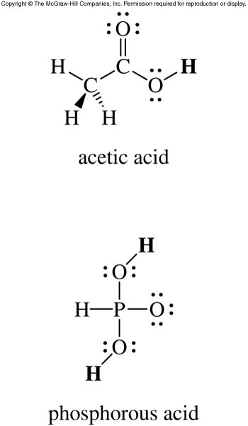 Representations showing acetic acid with its one acidic hydrogen atom and phosphorous acid with its two acidic hydrogen atoms.