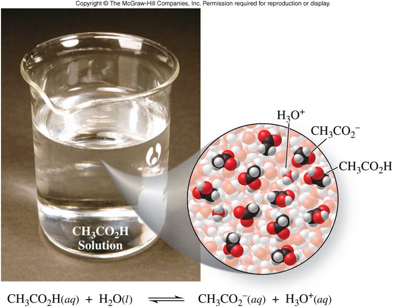 A picture of acetic acid in water with very few of the acetic acid molecules dissociated into ions.