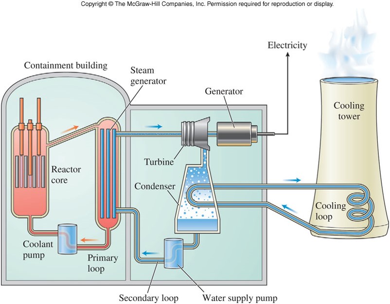 A graphic showing a complete nuclear reactor with core, steam generator, electrical generator, condenser, and cooling tower.