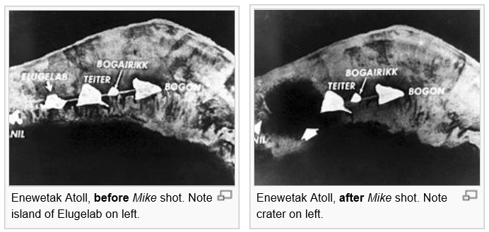Areal photographs of Bakini Atol before and after the Ivy Mike test showing the evaporated island.
