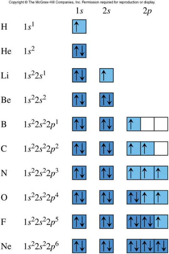The orbital diagrams for the first ten elements.