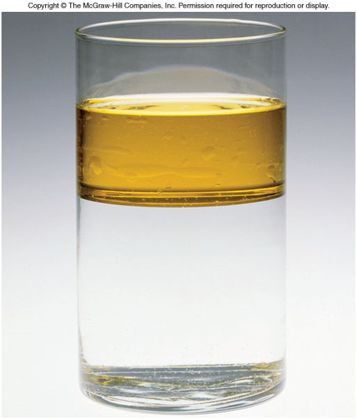 A picture of a container holding two liquids. The yellow liquid is seperated and floating on top of a clear layer.