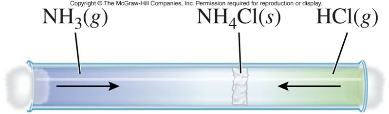 A gas tube with ammonia at one end and hydrochloric acid at the other. The vapors from these two compounds meet closer to the HCl end to form a small ring of ammonium chloride.