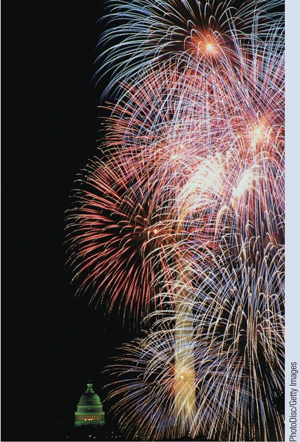 Various colored fireworks bursting over Washington DC landmarks.