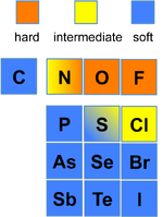 A periodic table where the elements are colored depending on whether they are hard, soft, or intermediate bases.