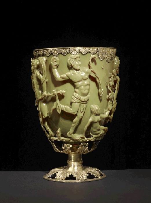 An image showing the Lycurgus cup which appear green in reflected light reflects and red when light passes through it.