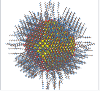 A graphic of the structure of a lead sulfide nanoparticle with surface passivation by oleic acid, oleyl and hydroxyl groups.