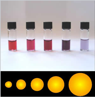 A photograph of the colors of plasmonic gold nanoparticles depnding on their size.