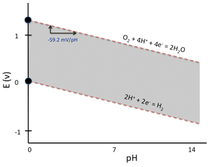 A diagram showing that as the pH increases, the E of both half reactions decrease the same amount.