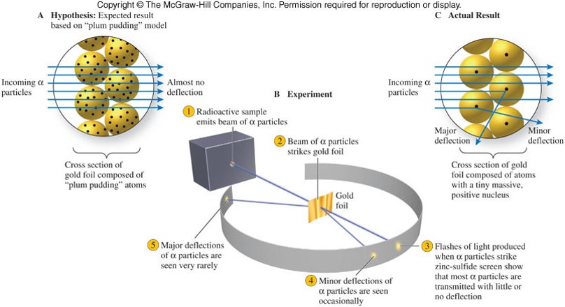 A diagram of the gold foil experiments showing most alpha particles passing through the atoms but some reflecting off glod nuclei.