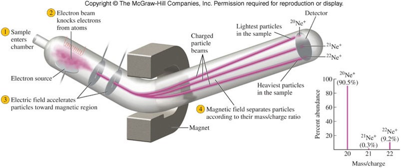 A graphic showing a beam of ions passing through an evacuated tube between the poles of a strong magnetic. The magnetic causes the beam to bend. Light species bend more that heavy species.