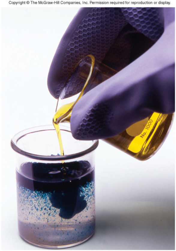 A picture of someone pouring a yellow liquid into a clear liquid forming a dark purple liquid.
