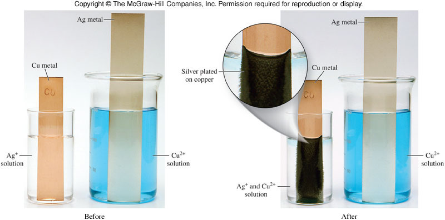 A picture of a strip of copper metal hanging into a solution of clear sliver nitrate reacting while the opposite is not reacting.